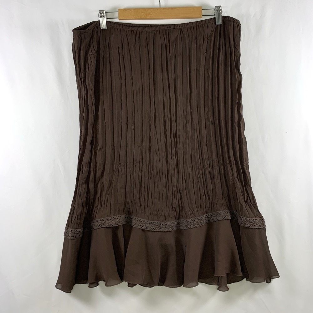 Y2K Forest Fairy Grunge Midi Skirt Size XL Brown Crinkle Chiffon Crochet Trim